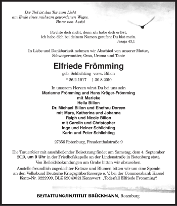 Traueranzeige von Elfriede Frömming von KREISZEITUNG SYKE
