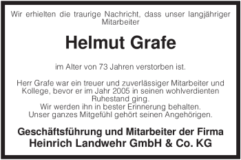 Traueranzeige von Helmut Grafe von KREISZEITUNG SYKE