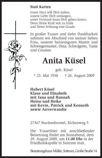 Traueranzeige von Anita Küsel von KREISZEITUNG SYKE