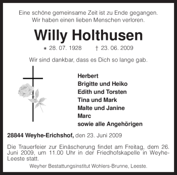 Traueranzeige von Willy Holthusen von KREISZEITUNG SYKE