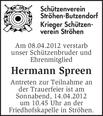 Traueranzeige von Hermann Spreen von KREISZEITUNG SYKE