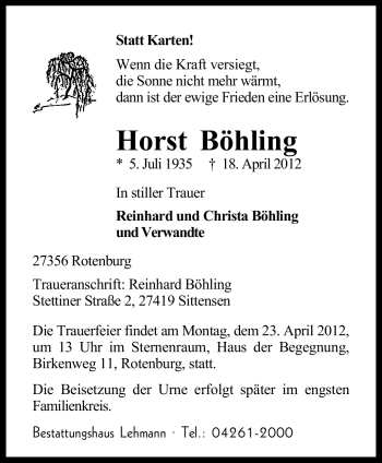 Traueranzeige von Horst Böhling von KREISZEITUNG SYKE