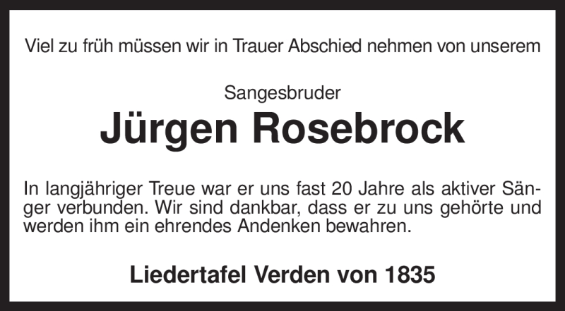  Traueranzeige für Jürgen Rosebrock vom 17.06.2011 aus KREISZEITUNG SYKE