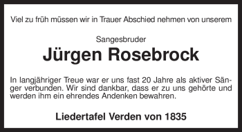 Traueranzeige von Jürgen Rosebrock von KREISZEITUNG SYKE