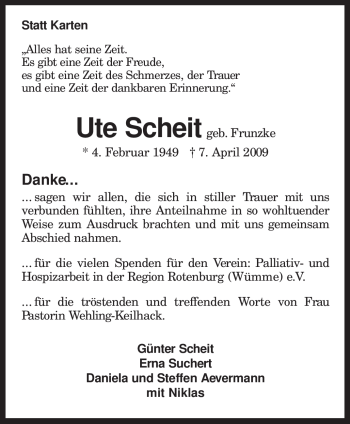 Traueranzeige von Ute Scheit von KREISZEITUNG SYKE