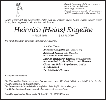 Traueranzeige von Heinrich Engelke von KREISZEITUNG SYKE