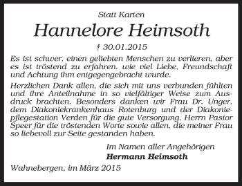 Traueranzeige von Hannelore Heimsoth von KRZ