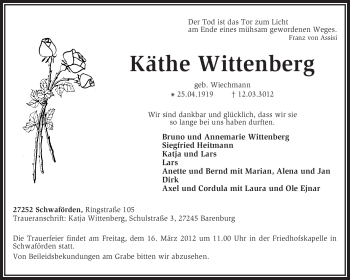 Traueranzeige von Käthe Wittenberg von KREISZEITUNG SYKE