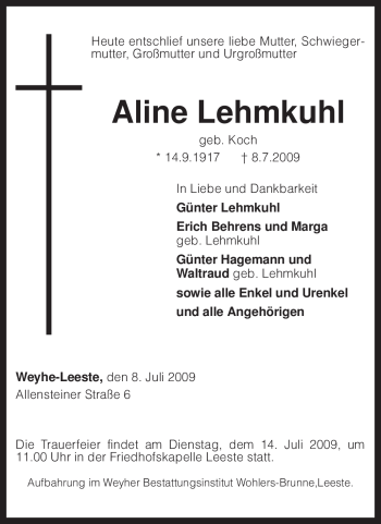 Traueranzeige von Aline Lehmkuhl von KREISZEITUNG SYKE