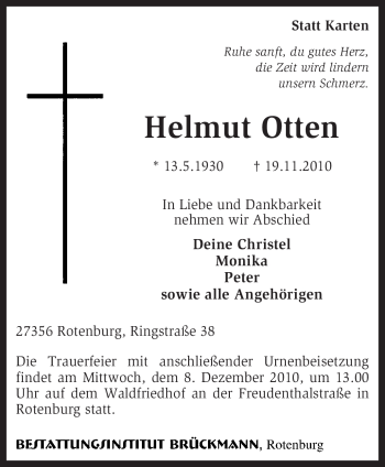 Traueranzeige von Helmut Otten von KREISZEITUNG SYKE