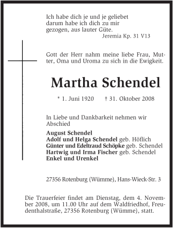 Traueranzeige von Martha Schendel von KREISZEITUNG SYKE