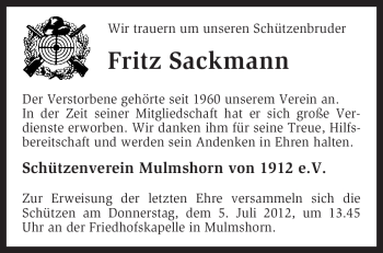 Traueranzeige von Fritz Sackmann von KREISZEITUNG SYKE