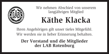 Traueranzeige von Käthe Klacka von KREISZEITUNG SYKE