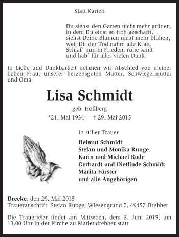 Traueranzeige von Lisa Schmidt von KRZ