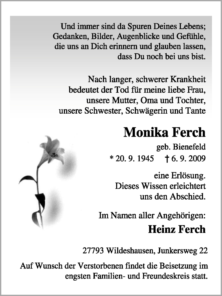  Traueranzeige für Monika Ferch vom 09.09.2009 aus KREISZEITUNG SYKE