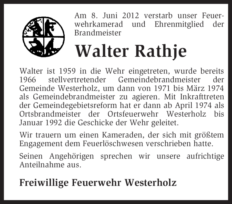  Traueranzeige für Walter Rathje vom 12.06.2012 aus KREISZEITUNG SYKE