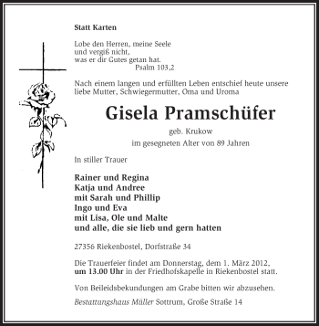 Traueranzeige von Gisela Pramschüfer von KREISZEITUNG SYKE