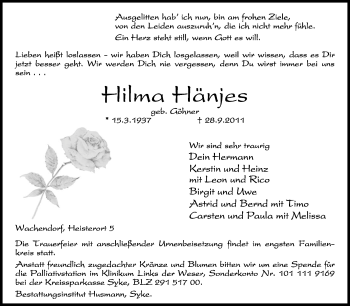 Traueranzeige von Hilma Hänjes von KREISZEITUNG SYKE