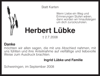 Traueranzeige von Herbert Lübke von KREISZEITUNG SYKE