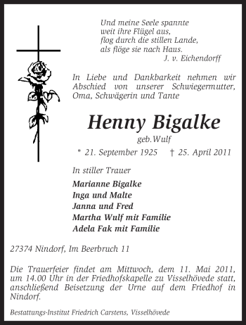 Traueranzeige von Henny Bigalke von KREISZEITUNG SYKE