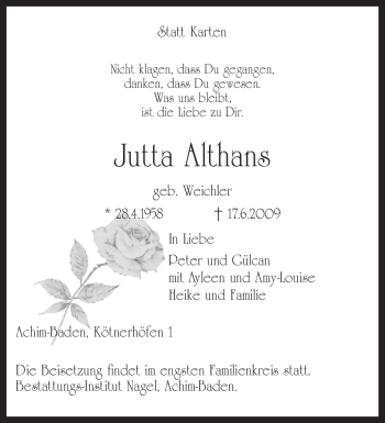 Traueranzeige von Jutta Althans von KREISZEITUNG SYKE