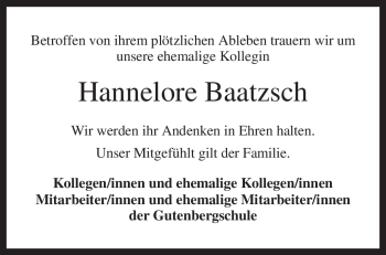 Traueranzeige von Hannelore Baatzsch von KREISZEITUNG SYKE