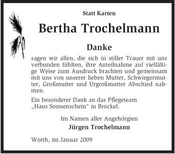 Traueranzeige von Bertha Trochelmann von KREISZEITUNG SYKE