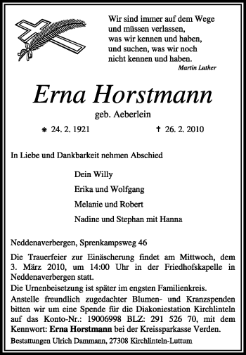 Traueranzeige von Erna Horstmann von KREISZEITUNG SYKE