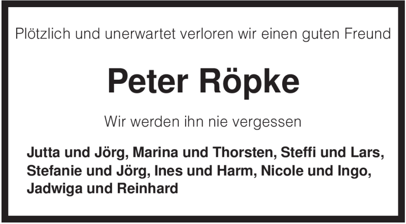  Traueranzeige für Peter Röpke vom 27.11.2008 aus KREISZEITUNG SYKE