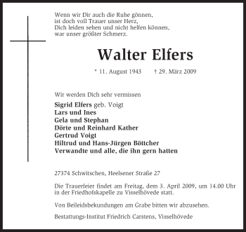 Traueranzeige von Walter Elfers von KREISZEITUNG SYKE