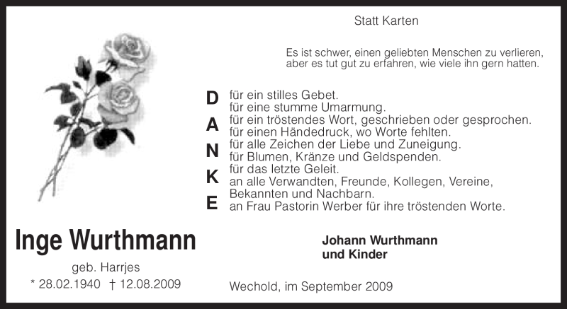  Traueranzeige für Inge Wurthmann vom 12.09.2009 aus KREISZEITUNG SYKE