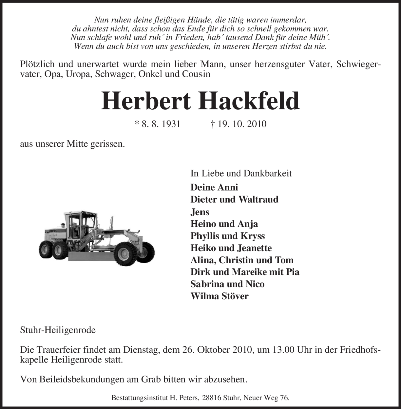  Traueranzeige für Herbert Hackfeld vom 22.10.2010 aus KREISZEITUNG SYKE