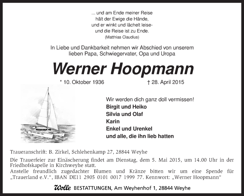  Traueranzeige für Werner Hoopmann vom 30.04.2015 aus KRZ