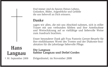 Traueranzeige von Hans Langnau von KREISZEITUNG SYKE