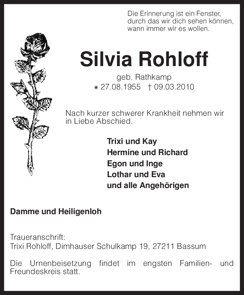  Traueranzeige für Silvia Rohloff vom 13.03.2010 aus KREISZEITUNG SYKE