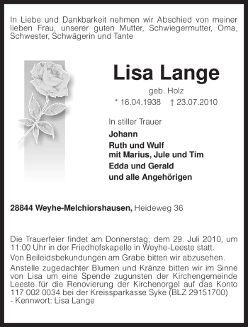 Traueranzeige von Lisa Lange von KREISZEITUNG SYKE