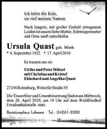 Traueranzeige von Ursula Quast von KREISZEITUNG SYKE