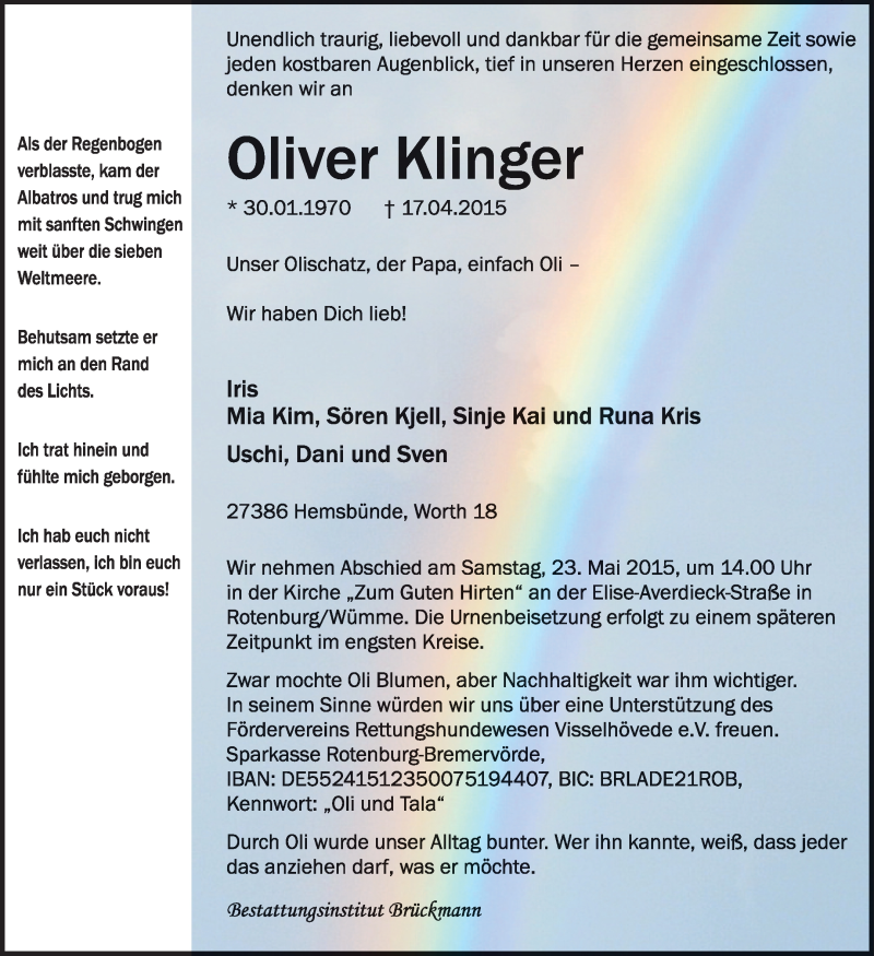  Traueranzeige für Oliver Klinger vom 25.04.2015 aus KRZ