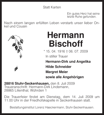 Traueranzeige von Hermann Bischoff von KREISZEITUNG SYKE