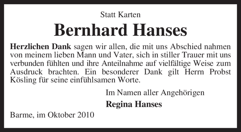  Traueranzeige für Bernhard Hanses vom 23.10.2010 aus KREISZEITUNG SYKE