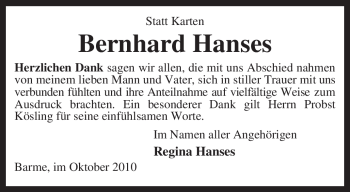 Traueranzeige von Bernhard Hanses von KREISZEITUNG SYKE