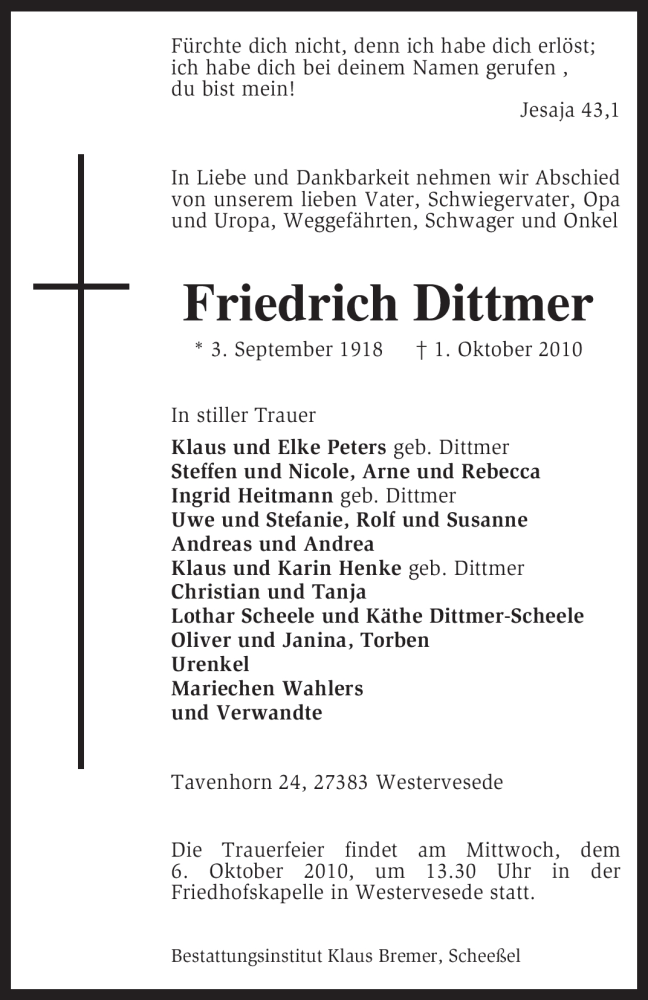  Traueranzeige für Friedrich Dittmer vom 04.10.2010 aus KREISZEITUNG SYKE