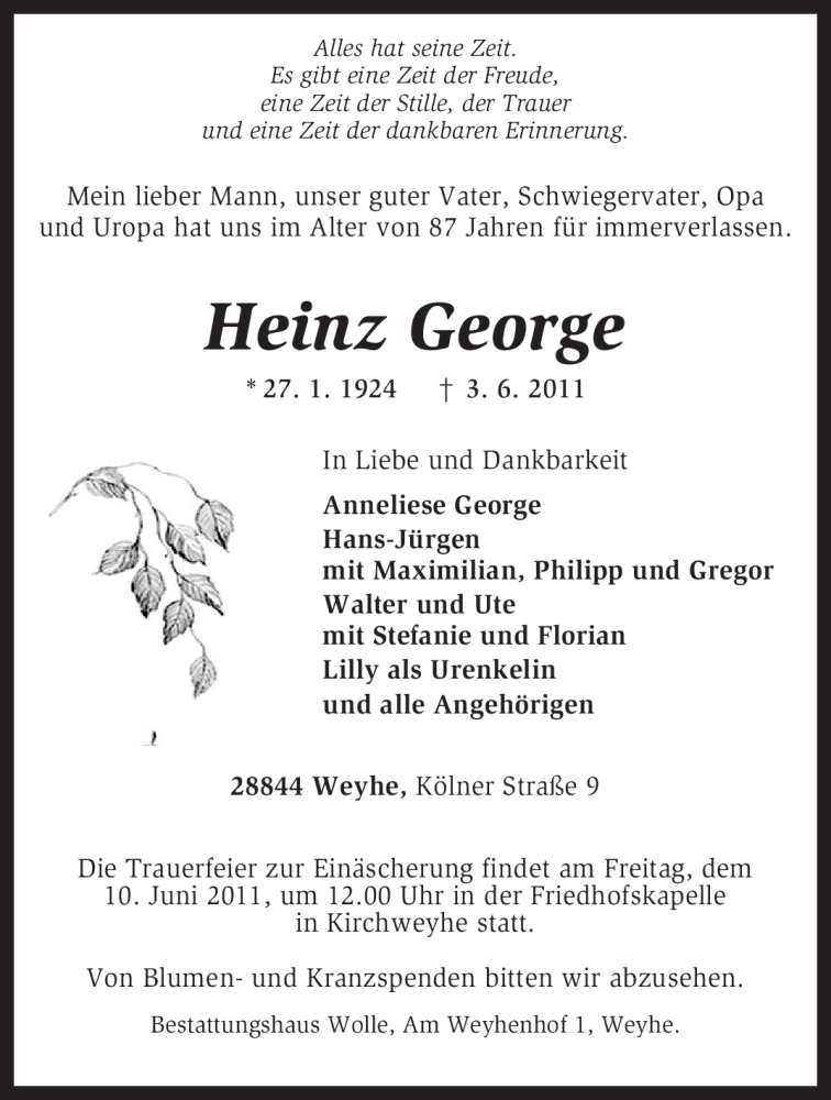 Traueranzeigen von Heinz George | trauer.kreiszeitung.de