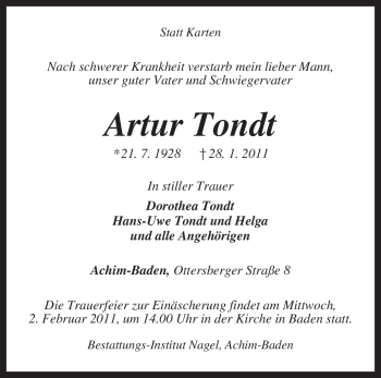 Traueranzeige von Artur Tondt von KREISZEITUNG SYKE