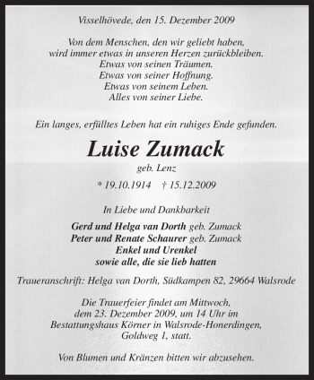 Traueranzeige von Luise Zumack von KREISZEITUNG SYKE