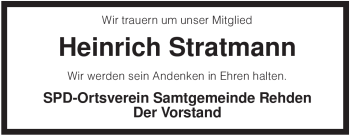 Traueranzeige von Heinrich Stratmann von KREISZEITUNG SYKE