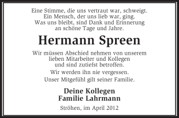 Traueranzeige von Hermann Spreen von KREISZEITUNG SYKE