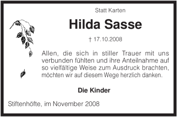 Traueranzeige von Hilda Sasse von KREISZEITUNG SYKE