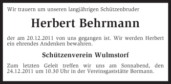 Traueranzeige von Herbert Behrmann von KREISZEITUNG SYKE