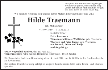 Traueranzeige von Hilde Traemann von KREISZEITUNG SYKE